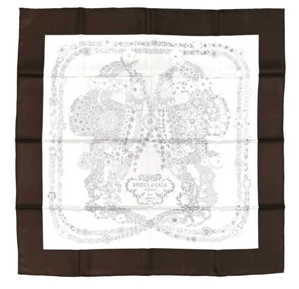 Hermes Silk Brides De Gala En Fleurs Scarf 90 Ebene White Gris Anthracite | Loved Again