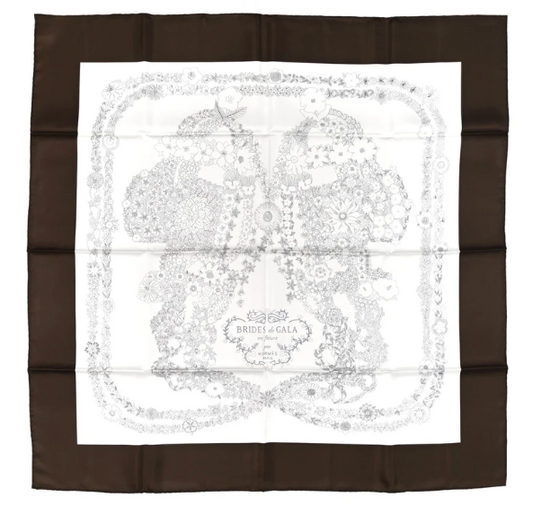 Hermes Silk Brides De Gala En Fleurs Scarf 90 Ebene White Gris Anthracite | Loved Again